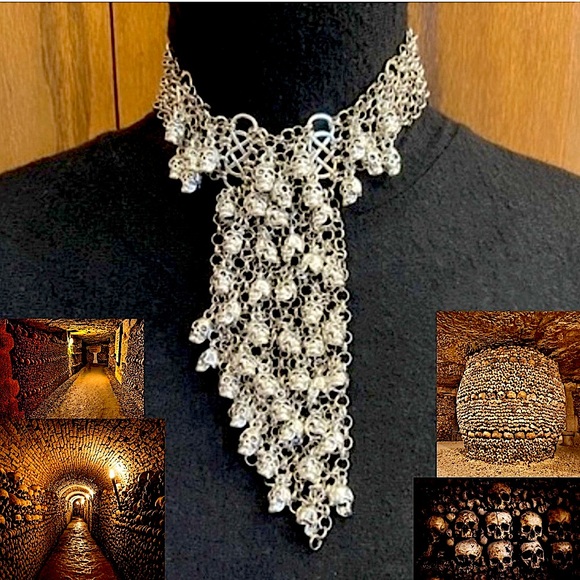 Hand Crafted Jewelry - Catacombs of Paris Handmade Silver Gothic Choker Necklace, Skulls, Crypt